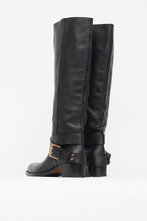 Chloé Black Pebbled Leather Gold Buckle Boot