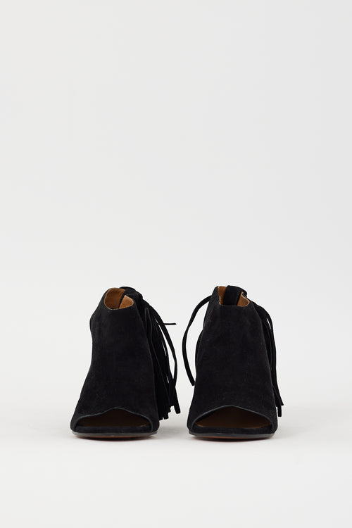 Chloé Black Suede Fringe Peep Toe Heel