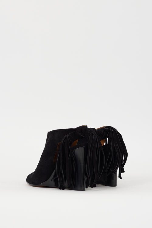 Chloé Black Suede Fringe Peep Toe Heel