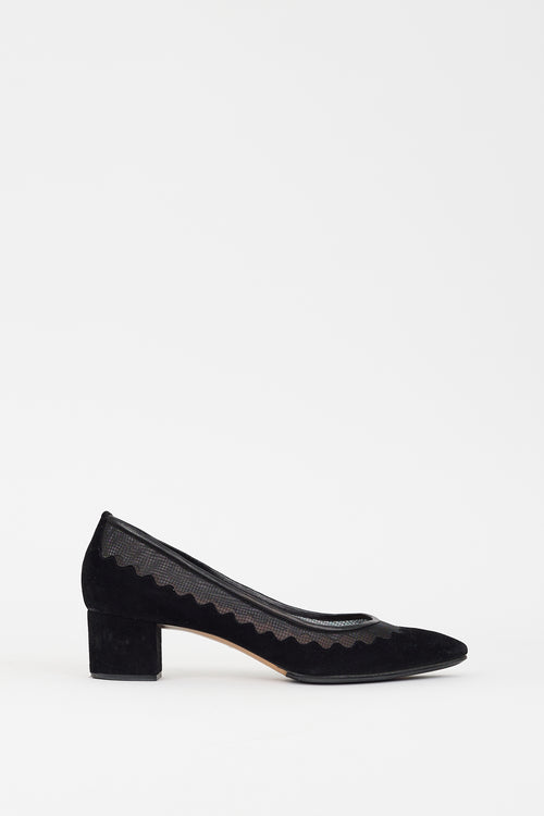 Chloé Black Suede 
Mesh Scalloped Pump