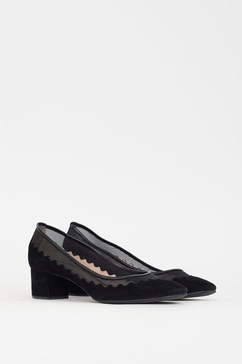 Chloé Black Suede 
Mesh Scalloped Pump