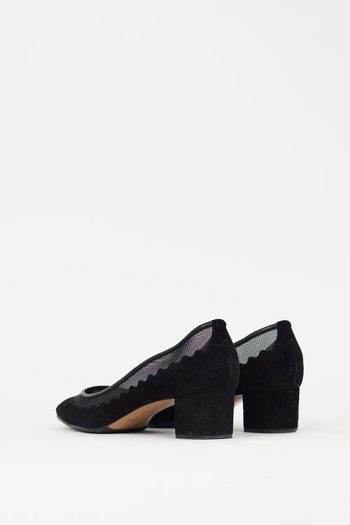 Chloé Black Suede 
Mesh Scalloped Pump