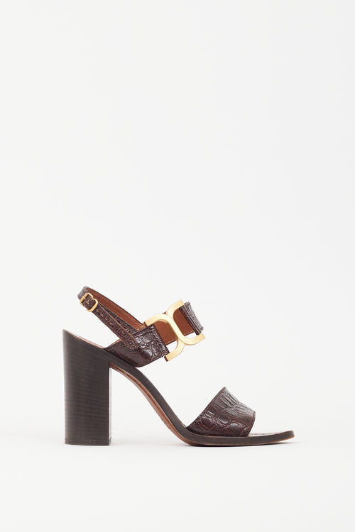 Chloé Brown Embossed Leather 
Gold Buckle Sandal