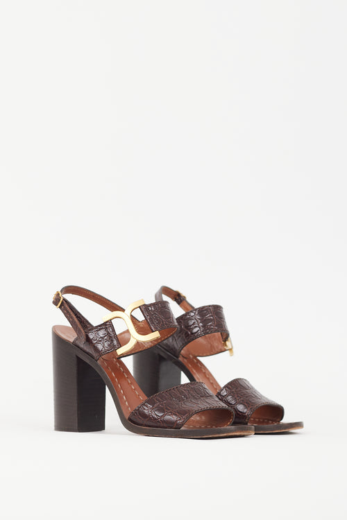 Chloé Brown Embossed Leather 
Gold Buckle Sandal