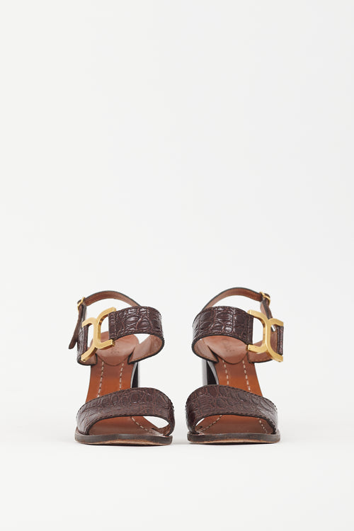 Chloé Brown Embossed Leather 
Gold Buckle Sandal