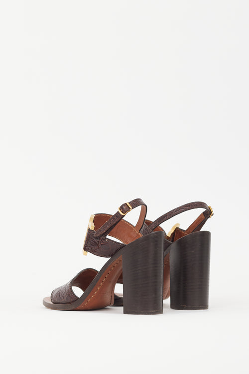 Chloé Brown Embossed Leather 
Gold Buckle Sandal