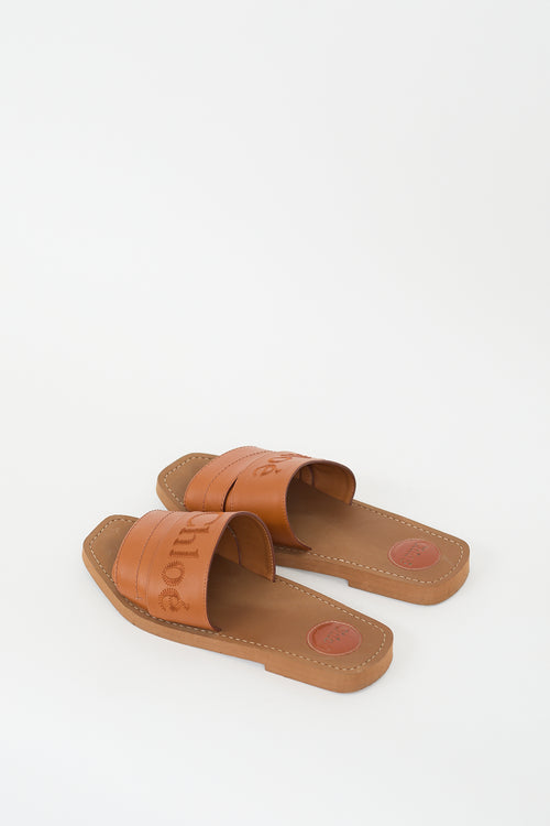 Chloé Brown Leather Woody Logo Slide