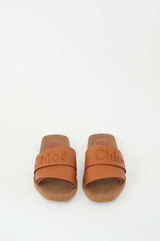 Chloé Brown Leather Woody Logo Slide