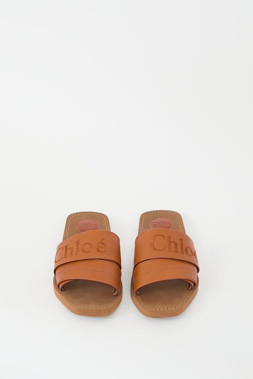 Chloé Brown Leather Woody Logo Slide