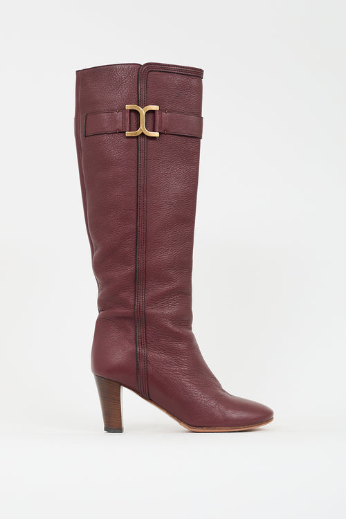 Chloé Burgundy Pebbled Leather Knee High Boot