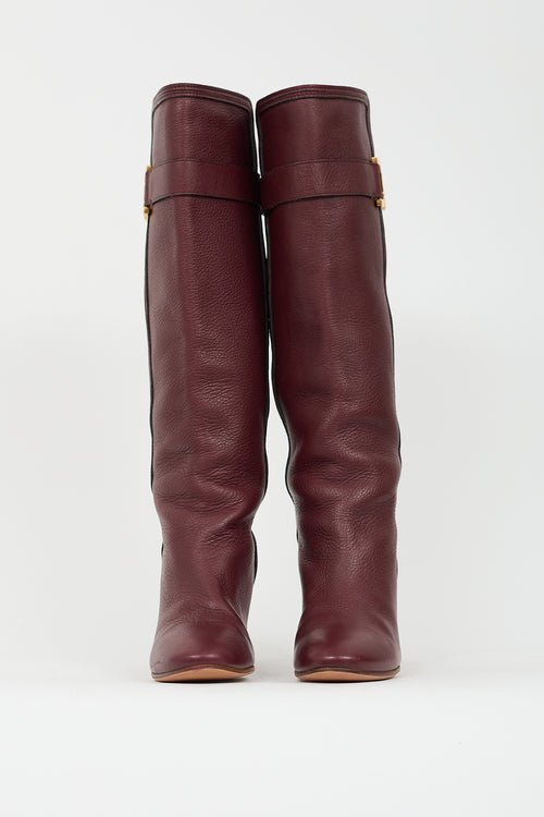 Chloé Burgundy Pebbled Leather Knee High Boot