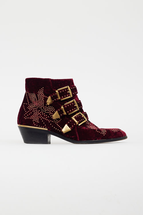 Chloé Burgundy Velvet Gold Stud Boot