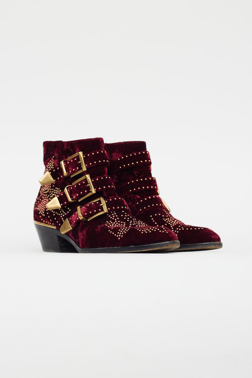 Chloé Burgundy Velvet Gold Stud Boot