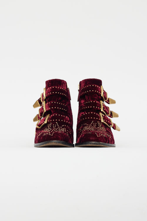 Chloé Burgundy Velvet Gold Stud Boot