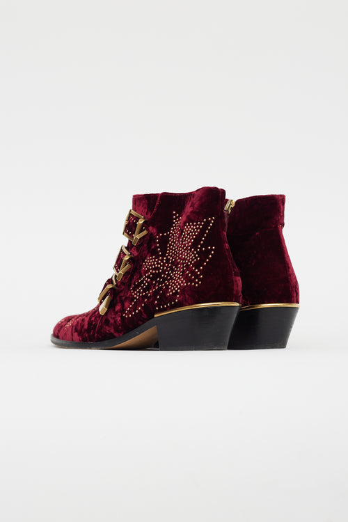 Chloé Burgundy Velvet Gold Stud Boot