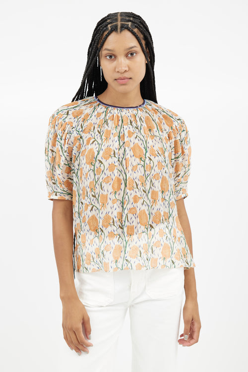 Chloé Cream 
Orange Floral Sheer Blouse