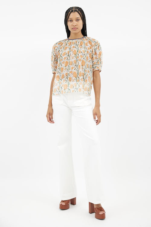 Chloé Cream 
Orange Floral Sheer Blouse