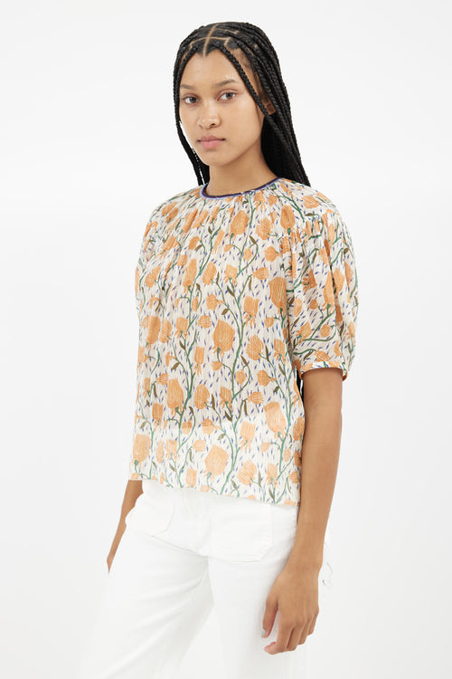 Chloé Cream 
Orange Floral Sheer Blouse