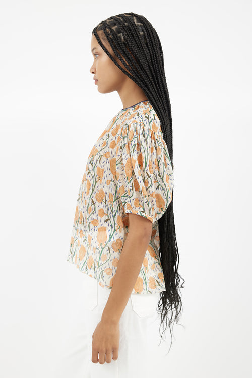 Chloé Cream 
Orange Floral Sheer Blouse