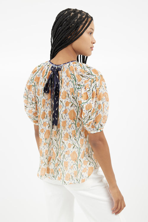 Chloé Cream 
Orange Floral Sheer Blouse