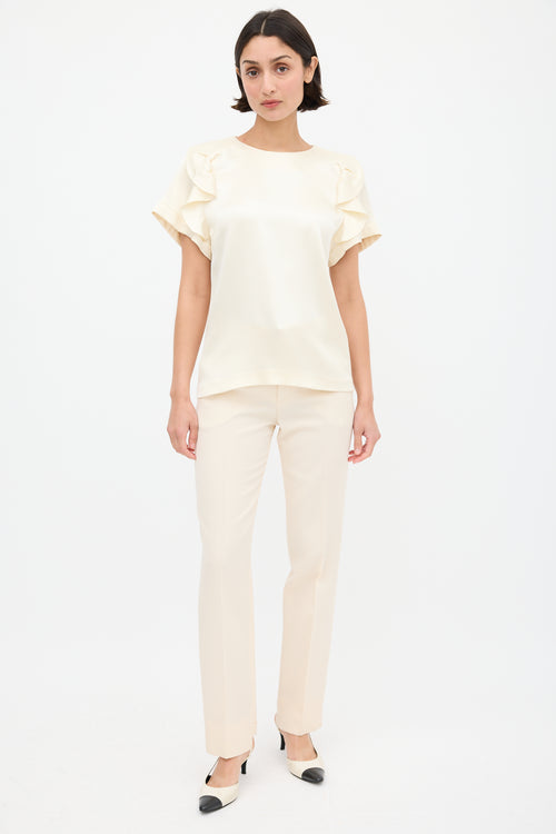 Chloé Cream Silk Pleated Ruffle Sleeve Top