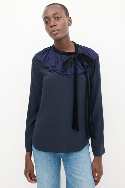 Chloé Navy 
Black Silk Ruffled Top