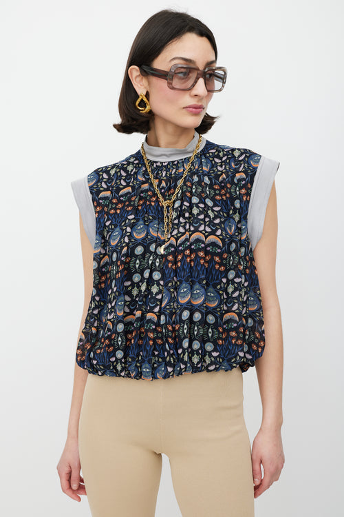 Chloé Navy 
Multicolour Floral Pleated Top