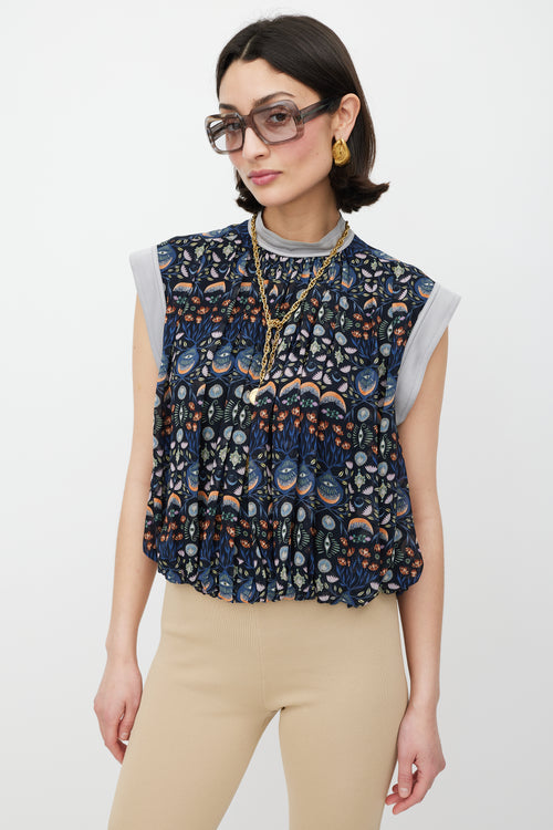 Chloé Navy 
Multicolour Floral Pleated Top