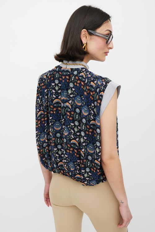 Chloé Navy 
Multicolour Floral Pleated Top