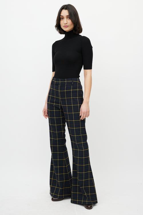 Chloé Navy 
Yellow Plaid Flare Trouser