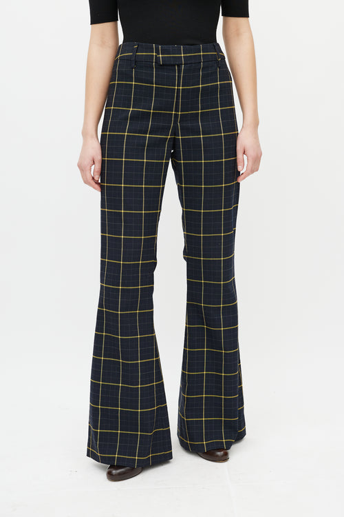 Chloé Navy 
Yellow Plaid Flare Trouser