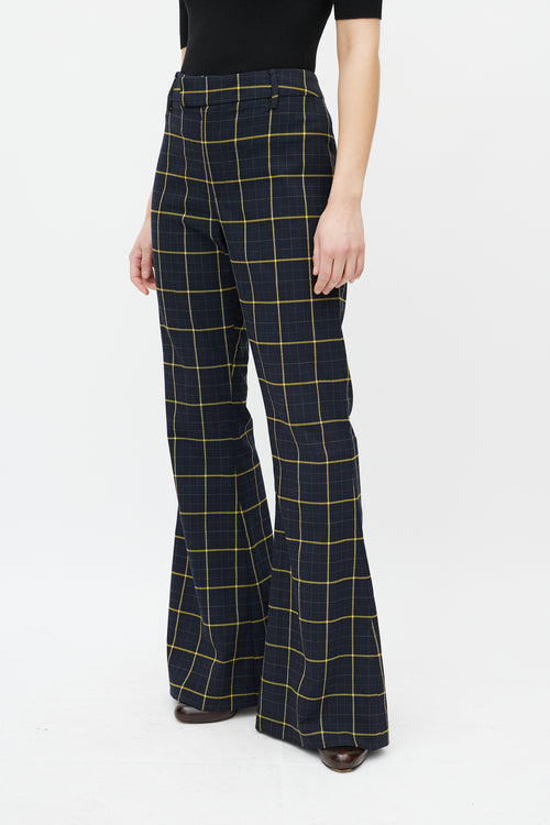 Chloé Navy 
Yellow Plaid Flare Trouser