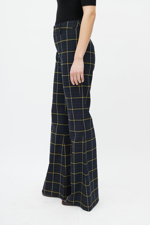 Chloé Navy 
Yellow Plaid Flare Trouser