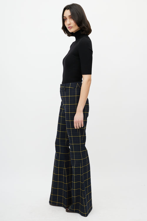 Chloé Navy 
Yellow Plaid Flare Trouser