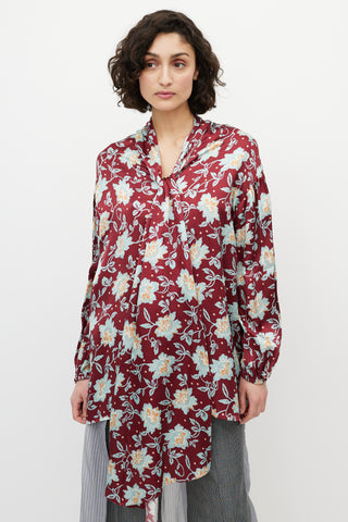 Chloé Red 
Blue Floral Silk Tie Shirt