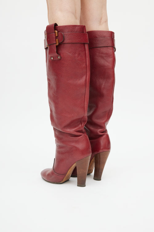 Chloé Red Leather Heeled Knee High Boot