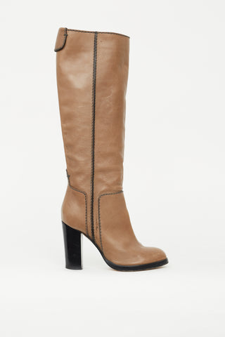 Chloé Taupe Leather Contrast Stitch Knee High Boot