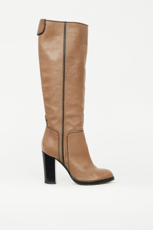 Chloé Taupe Leather Contrast Stitch Knee High Boot