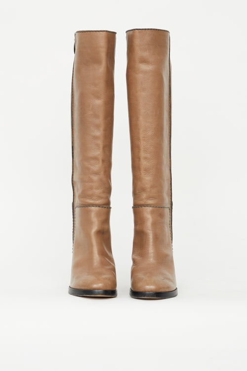 Chloé Taupe Leather Contrast Stitch Knee High Boot