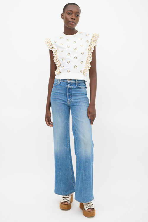 Chloé White 
Beige Eyelet Cotton Ruffled Top