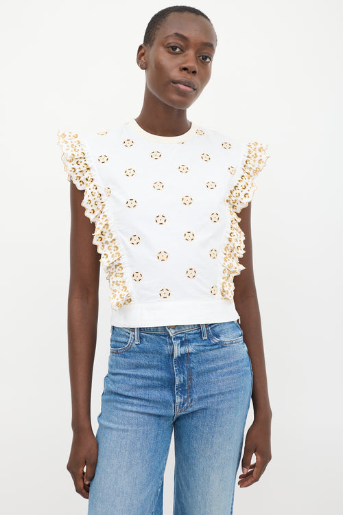 Chloé White 
Beige Eyelet Cotton Ruffled Top