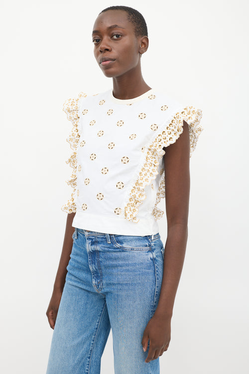 Chloé White 
Beige Eyelet Cotton Ruffled Top