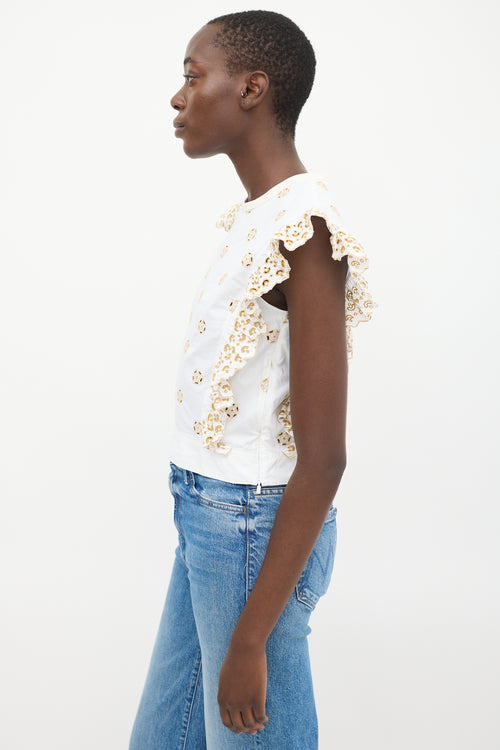 Chloé White 
Beige Eyelet Cotton Ruffled Top