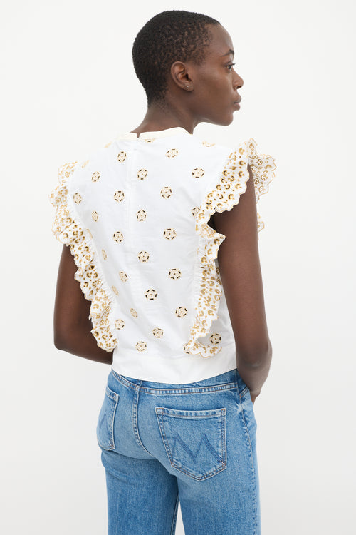 Chloé White 
Beige Eyelet Cotton Ruffled Top