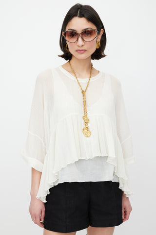 Chloé White Plisse Ruffled Top