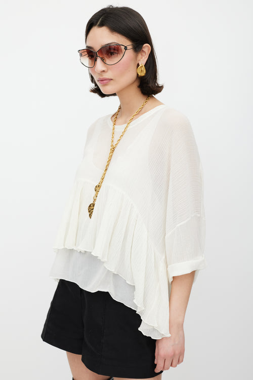 Chloé White Plisse Ruffled Top