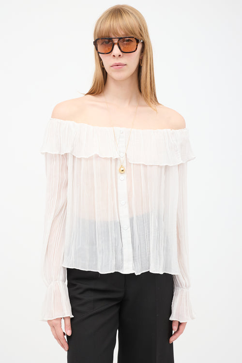 Chloé White Sheer Plissé Off Shoulder Flounce Top