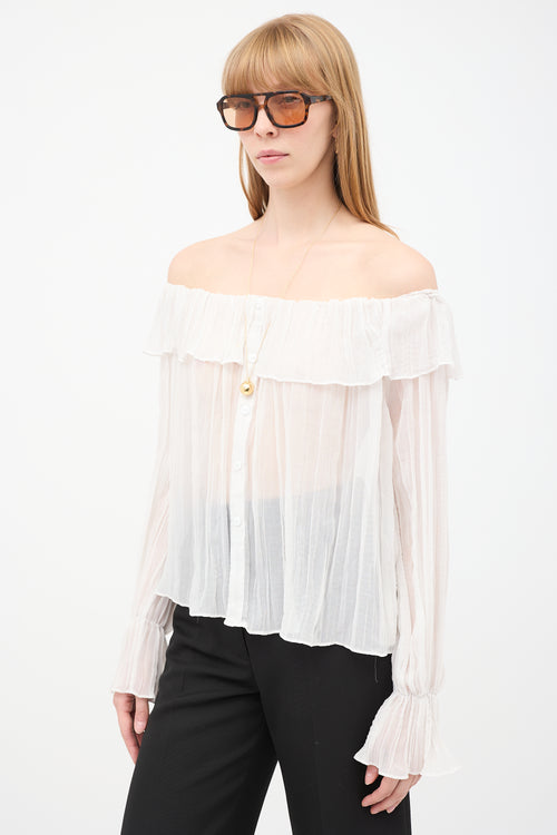 Chloé White Sheer Plissé Off Shoulder Flounce Top