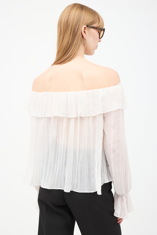 Chloé White Sheer Plissé Off Shoulder Flounce Top