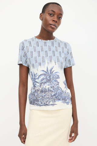 Christian Dior White 
Blue Striped Palm Tree T-Shirt